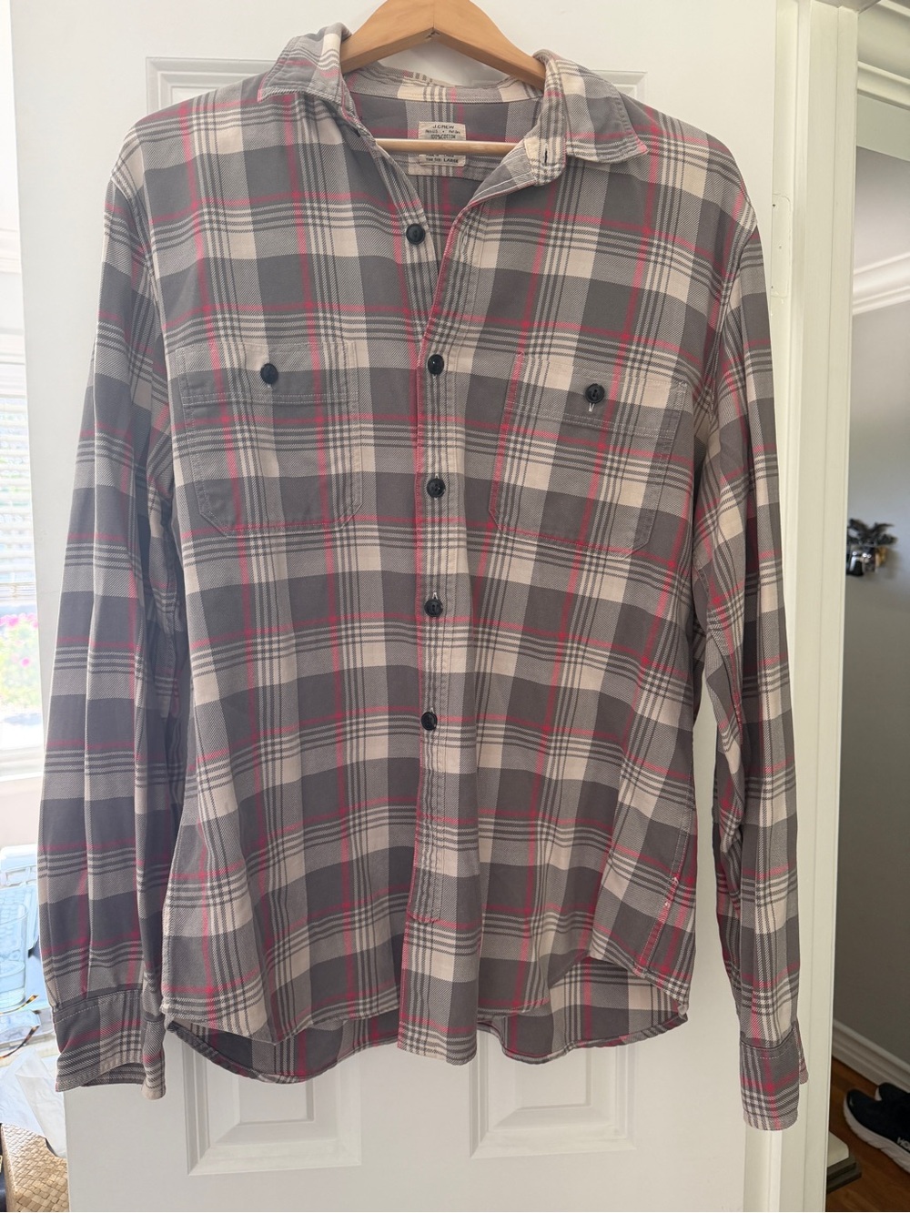 J. Crew Grey and Red Plaid Button-Down Shirt